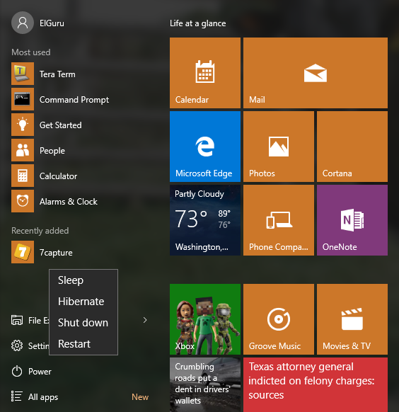 Windows 10 Start Menu: Power